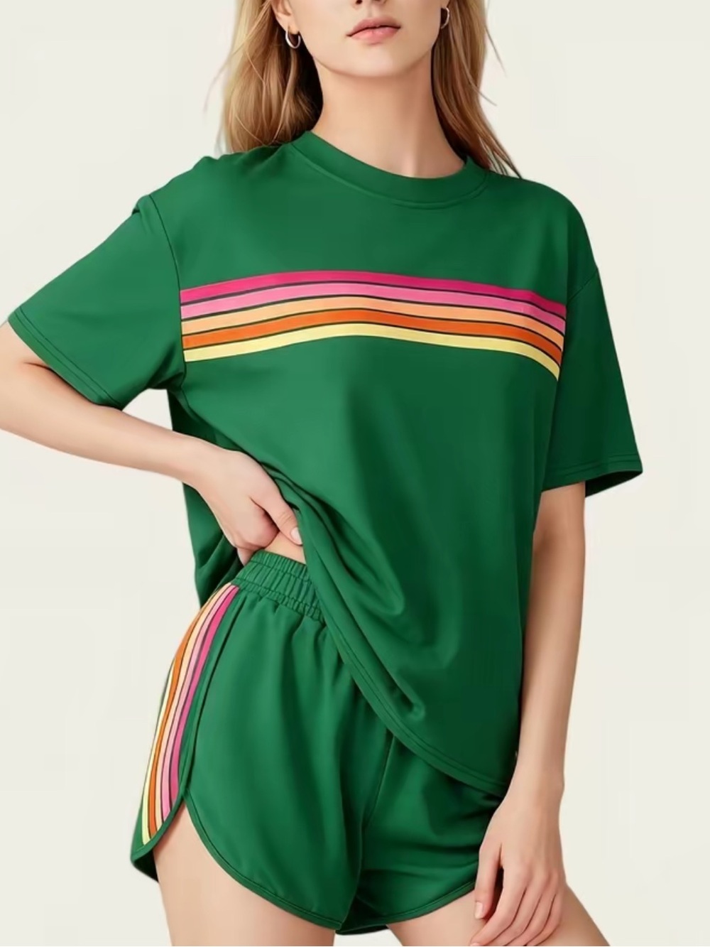 Green Rainbow Stripe Tee & Shorts Set in Green, NWT, size L - Picture 3 of 5